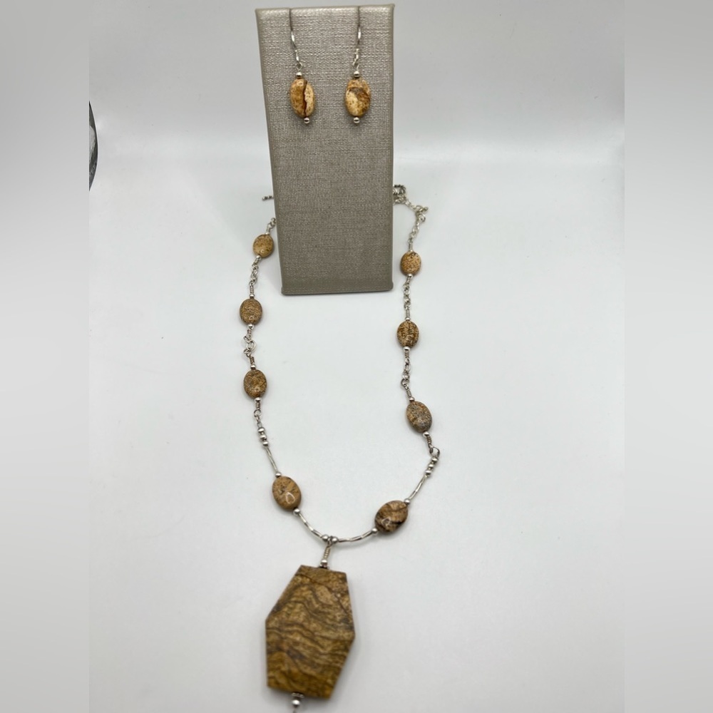 Picture Jasper Statement Necklace & Earrings Set Silver Tone